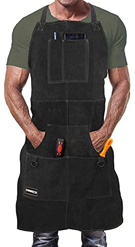 DIMWELD schweißerschürze. Lederschürze Schweißen Herren. Schweißschürze Leder. Schmiedeschürze, Schweisserschürze mit 6 Werkzeugtaschen - Dunkelbraun