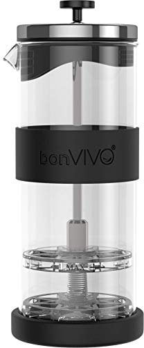 bonVIVO FOMO Espumador de Leche Manual De Acero Inoxidable de 400 ml, Batidora y Espumador para Capuchino De Cristal y Cafe, Emulsionador De Leche con Colador De Malla Fina