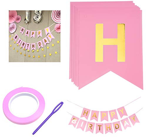Kare & Kind 1x Happy Birthday Bunting Banner - Pink with Gold Prints Birthday Sign Party Supplies - Easyt to Assemble Happy Birthday Decoration for Boys, Girls, Men and Women -DIY, Different Themes