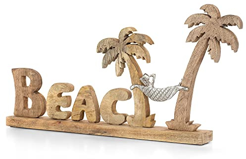 Moritz Skulptur Beach ca. 70 cm – Strand Deko Mangoholz Palme Natur maritim | Handgefertigter Aufsteller mit Palmen und Haengematte, sommerliche Kuestendeko, ideales Geschenk fuer Urlaubsliebhaber