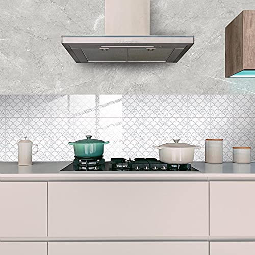 Mosaic Tiles Arts and Crafts White Fish Scales Stick on Tiles Kitchen Tile Transfers Stickers Peel and Stick Wall Tiles for Bathroom Vinyl Home Decoration 25P,20cm x 20cm (8in x 8in)