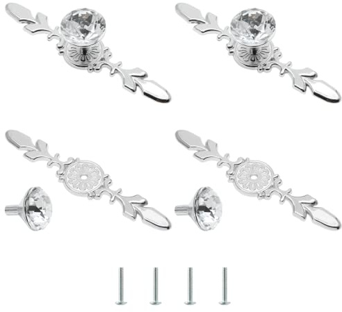 Cjueiom 4 Pack Crystal Cupboard Door Handles 170mm Diamond Drawer Knobs Plate, Wardrobe Glass Decorative Cabinet Knobs, Pull Kitchen for Chest of Drawers, Silver, 6.69 inch