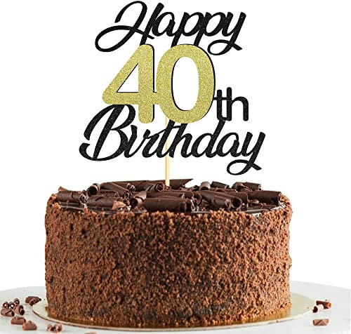 40th Birthday Cake Toppers,Black&Gold Glitter Cake Decorations,Happy 40th Cake Toppers for Men Women Birthday Themed Party,1PC