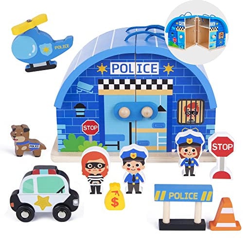 Woody Treasures Wooden Toys - 10-Piece Police Station Playset for Kids 3 Years & Up - Children's Interactive Role Play / Pretend Play - Toddler Toys for Boys & Girls - with Carry Case