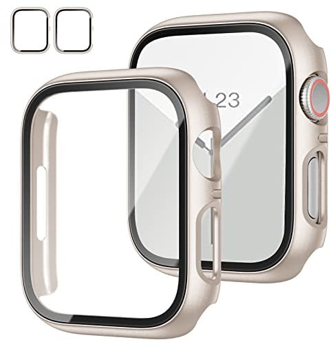 2 Stück Gehäuse mit gehärtetem Glasschutz für Apple Watch Series 6/5/4/SE 44mm,Slim Guard Bumper Full Coverage Hard PC Protective Cover HD Ultra-Thin Cover für iWatch 44mm,Starlight