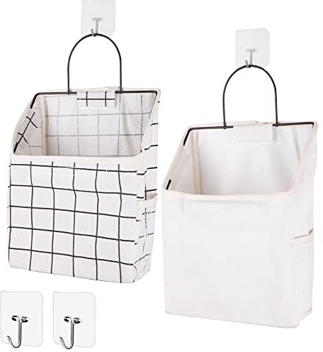 BieFuSin 2Pcs White Plaid Fabric Wall Hanging Storage with Hook, Hanging Waterproof Storage Bags with Side Mesh Pockets, Stylish Hanging Storage Pouches for Bedroom, Bathroom, Kitchen