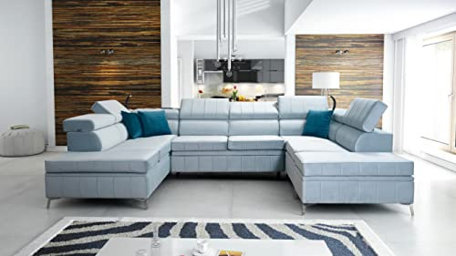 All4All Ecksofa mit Schlaffunktion Bari VIII 336 x 227 cm - Eckcouch mit Bettkasten - Wohnlandschaft in U-Form - XXL Sofa Groß - Schlafsofa - Hellblau - Seite Links - Modern - Velvetstoff 26
