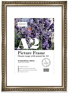 Almost Frameless A2 Gunmetal Ornate Picture Frame With White Mount for A3 (29.7 x 42cm - 11.7 x 16.5in) Poster, Photo, Artwork, or Print. Elegant Style Portrait and Landscape Display with Wall Hooks