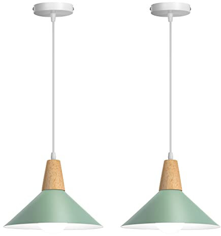 Lots de 2 Suspension Luminaire Vintage Industrielle E27 Plafonnier Lustre Moderne Ø25cm Abat-jour en Métal Bois Lampes Suspendues pour Cuisine Salle à Manger Chambre Café, Vert
