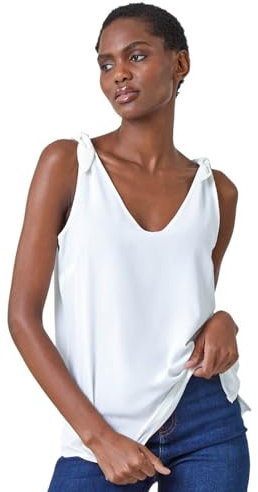 Roman Originals Tie Detail Strap Cami Top for Women UK - Ladies Everyday Holiday Spring Summer V Neckline Comfy Soft Evening Vacation Work Party - Ivory - Size 18