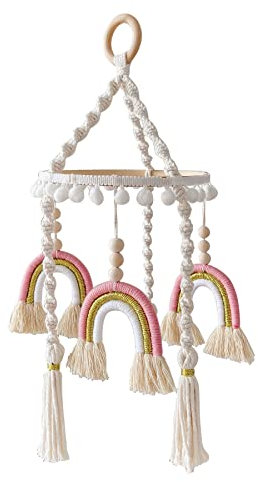 Holz Baby Mobile mit Filzkugeln Kinderzimmer zum Aufhängen Regenbogen gehäkeltes Filz Mobile Glockenspiel für Neugeborene Jungen und Mädchen Anhänger Krippen Wickeltisch Dekoration