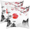 Japanische Ukiyoe Kissenbezüge Kirschblüten Rote Sonne Sofakissen Couchkissen Tinte Japanischen Stil Dekokissen 40x40cm Exotischer Stil Dekor Kissenhülle mit Reißverschluss für Couch Bett Sofa Garten