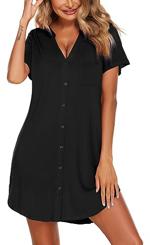 Ekouaer Women's Nightdress Short Sleeve V Neck Button Front Black M