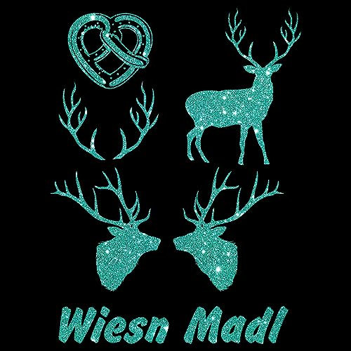 Glitzerdeals Bügelbild Glitzer Oktoberfest Set Hirsch Brezel Geweih Wiesn Madl jade Glitzerbild zum Aufbügeln Hirsch Glitzerflex Geweih Bling Aufbügler Hirsch