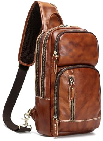 LANNSYNE Umhängetasche aus Vollnarbenleder für Herren, Crossbody-Brusttasche, Tagesrucksack, passend für 26,7 cm (10,5 Zoll) iPad, Orange für 26,7 cm (10,5 Zoll) iPad, Medium, Vintage-Leder