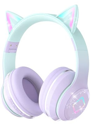Bluetooth Kids Headphones,Cat Ear LED Light Up Kids Wireless Headphones,Bluetooth 5.1&Stereo Sound,Foldable,Adjustable Headband,Children Headphone with Microphone Over Ear for School/Tablet (Purple)
