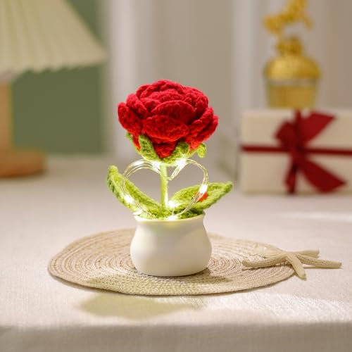 Bixufcai Geschenke für Frauen Gestrickte Blumen Mit LED Lichter Handgemachter Topfpflanze Exquisite Gestrickte Blumen für Romantisch Dekoration Geschenk zum Muttertag Valentinstag Jubiläum