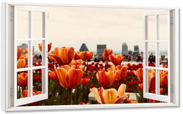 CGLTD Quadro finestra aperta immagini di fiori Fiore giallo Stampe e Quadri su Tela Decorazioni da parete 3D Vista finestra Dipingere immagini Stampa su tela Telaio interno 80X120cm(31x47in)