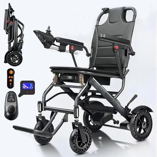 Bueuwe Rollstuhl Elektrisch Faltbar leicht, 35KM Fahrstrecke Reiserollstuhl Elektrisch Rollstühle leicht für Erwachsene und senioren Tragfähigkeit 150 kg, All-Terrain Elektrorollstuhl