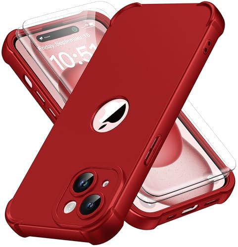 ORETECH für iPhone 15 Hülle, mit 2 Stück Schutzfolie, 360 Grad Ganzkörper Stoßfest Kratzfest Silikon Handyhülle für iPhone 15 6,1 Zoll,Rot