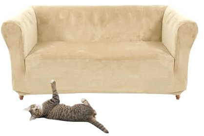 SYLC Stretch Samt Chesterfield Sofabezüge, Couch Abdeckung Mit Sitzkissenbezug Sofa Überwürfe Für Gebogene Settee Sessel Vintage Style (Beige,Sofa)