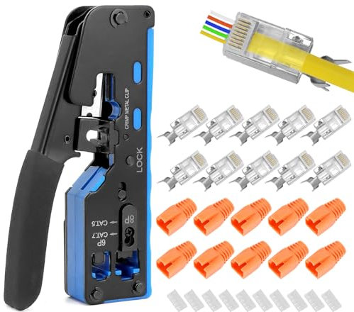 QWORK® Crimpadora RJ45, Herramienta de Crimpado RJ45 con 10 Conector y 10 Chaqueta, para Conectores de CAT5 a CAT7