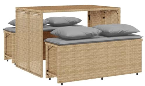 vidaXL Garten Essgruppe 3-TLG., Gartengarnitur mit Kissen, Sitzgruppe für Garten Terrasse, Gartentisch Gartenbank Gartenmöbel, Beige Poly Rattan