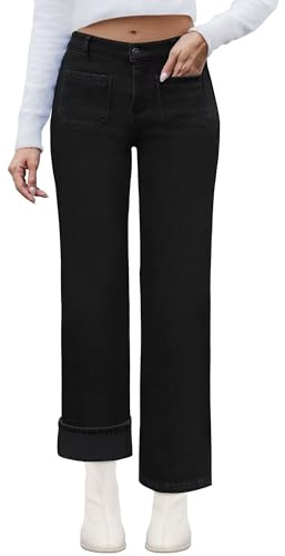 Fleece-gefütterte Jeans für Damen, gerades Bein, hohe Taille, gefütterte Jeans, Winter-Denim-Hose für Damen, mit aufgesetzten Taschen