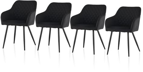 TUKAILAI Esszimmerstühle 4er Set aus Leinen, Modern Küchenstuhl Armlehnstuhl Polsterstuhl Wohnzimmerstuhl mit Armlehnen Rückenlehne Metallbeinen, Sessel für Küche Esszimmer Wohnzimmer, Schwarz