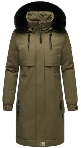 Navahoo Damen Mantel lange warme Winterjacke mit Kunstfell und Kapuze (beides abnehmbar) Kaltwetterretter 14 Olive Forest Gr. XL