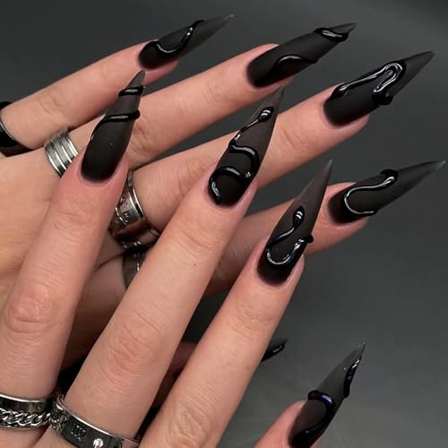 GlamRays Lot de 24 faux ongles à presser en forme d'amande noire - En acrylique - Avec motif serpent 3D - Pour l'automne et l'hiver