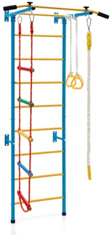 HOMASIS - Espalier sueco de pared de madera con barra de tracción | Juego de Escalada con Escalada de Cuerda, Cuerda y Anillos de Gimnasia para Adultos y Niños 3 Años+ (amarillo)