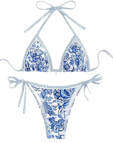 Happy Cherry 2-deligt bikiniset för damer Sexigt bindande Tryckt baddräkt Muscheldekoration Låg midja Badkläder, blå, M