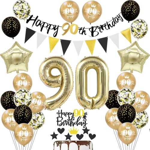 90 Geburtstag Deko Mann Frauen, Schwarz Banner 90 Geburtstag Girlande Deko 90. Frauen Gold Luftballons 90. Tortendeko 90 Geburtstagsdeko 90 jahre Männer Ballons