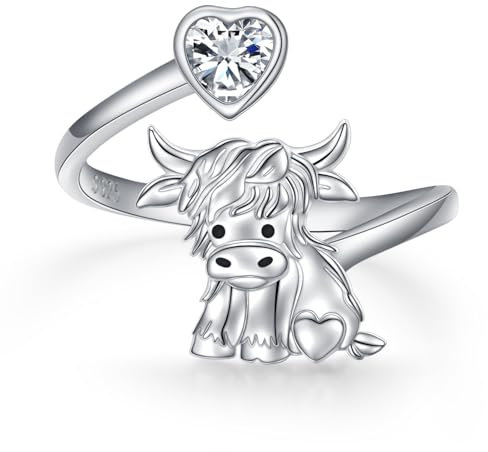 Flyow Hochland Kuh Ringe 925 Sterling Silber Verstellbar Niedliche Tier Kuh Offener Ringe Hypoallergen Highland Kuh Schmuck Geschenke für Frauen Mädchen (Highland Kuh)
