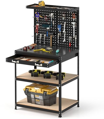 GOPLUS Banco de Trabajo con Panel Perforado, Mesa de Trabajo con 20 Ganchos para Herramientas, Cajón y Estantes Abiertos, Estación de Trabajo Carga 225 KG para Garaje Taller Almacén Hogar (Negro)