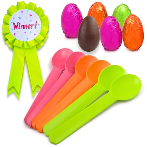 Easter Egg Spoon Race, Chocolate Flavored Eggs with Plastic Spoons and Award Ribbons, Festive Basket Stuffer Activities, 1.06 Ounces (Pack of 2)