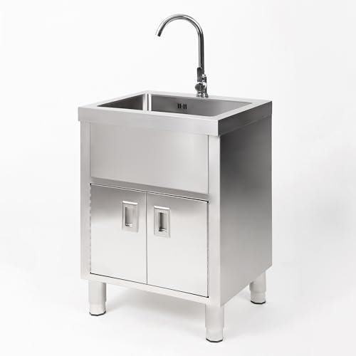 Évier de Cuisine Inox Sur Pieds avec Robinet Chaud/Froid, Évier Utilitaire Acier Inox avec Table de Travail, Idéal for Restaurant, Garage, Jardin et Buanderie Évier Extérieur Portable à 1 Bac(80x45x80