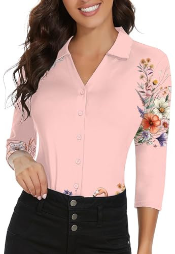 Soneven Blusa elegante para mujer, cuello de pico, camiseta deportiva con cuello, polo de manga larga, polo de golf, verano, camiseta transpirable, Flamenco en las flores, L