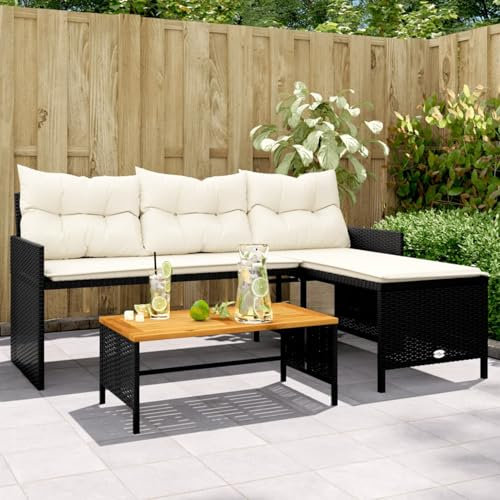 IKAYAA Gartensofa in L-Form Eckbank Ecklounge Sitzgruppe Garten mit Esstisch Balkon Lounge Gartenlounge Outdoor Gartenbank Eckgarnitur Gartenmöbel Loungemöbel-Schwarz und Creme-Holz