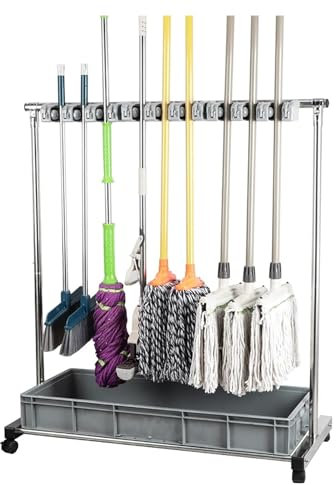 DDNGEJ Broom mop Holder Floor-Mounted Mop Rack Tower Holder Storing Large Long Tools Put Wet Mops Movable Floor Holder Stainless Steel Storage Rack