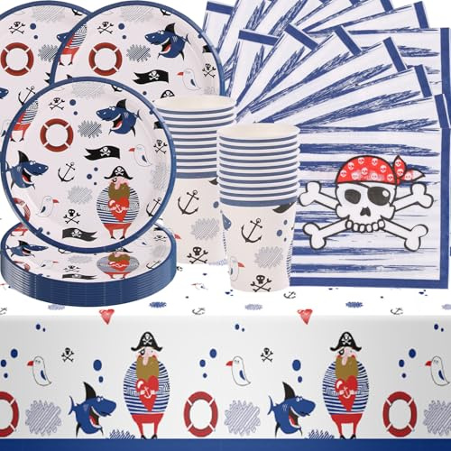 Juego de 61 vajilla de fiesta pirata con platos, vasos, servilletas y manteles para fiestas para 20 personas