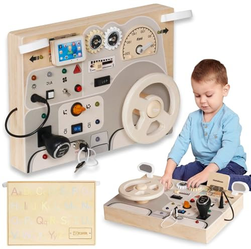 mamabrum MAM219 – Tableau d’activités en Bois Montessori | Tableau de Bord Voiture avec Sons, Lumières, Alphabet | Jouet éducatif pour Enfants dès 3 Ans