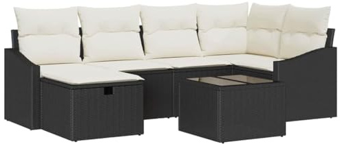 vidaXL 7-teiliges Garten-Sofa-Set mit Kissen in Creme und Schwarz, aus Poly-Rattan, mit Stauraum, modulare Sitzgelegenheit, Terassenmöbel, Couch, Liegesofas, Patio, Sommer