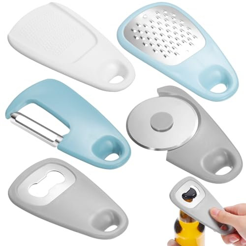 NOYGRNH Kitchen Gadgets Set 5 Pieces, Space Saving Kitchen Gadgets, Cheese Grater, Bottle Opener, Fruit Vegetable Peeler, Pizza Cutter, for Kitchen