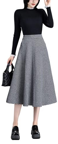 Beeblily Jupe Longue Femme Hiver Élégant Laine Carreaux Midi Skirt Taille Haute A-Ligne Taille élastique Chaud Plissée Jupe