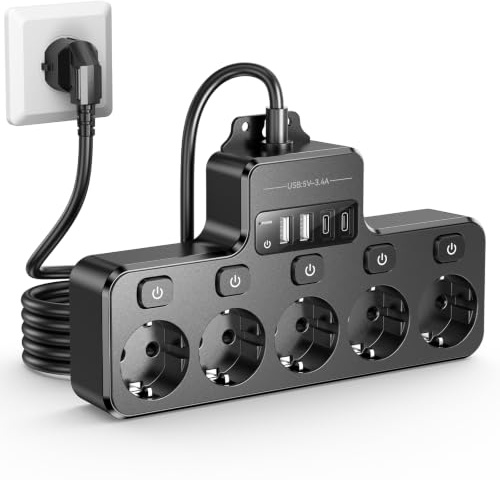 Wandmontage-Steckdosenleiste einzeln schaltbar, T-förmiges Design mit 5 Steckdosen & 4 USB-Ports (2 USB-C + 2 USB-A), 4000W/16A, 2m Kabel für Büro, Homeoffice, Werkstatt & Küche