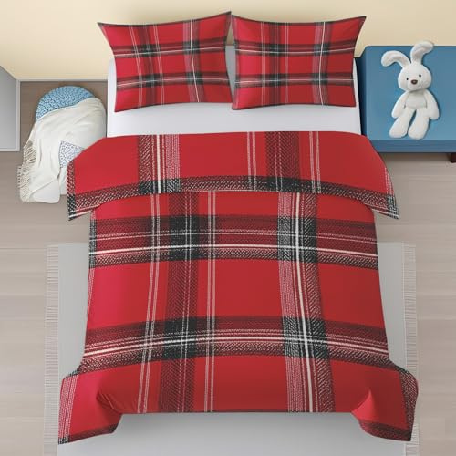 Housse de Couette 240 x 260 Carreaux Buffalo, Motif Rouge Tartan Microfibre Parure de Lit Adulte avec Fermeture Éclair, Noël Carreaux Sets de Housses de Couettes avec 2 Taies d'oreiller 65x65