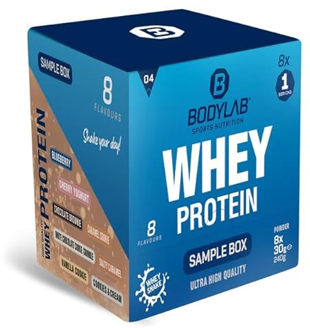 Bodylab24 Whey Protein Probierbox 4, 8 x 30 g | Bis zu 24 g Protein pro Portion, hochwertiges Molkenprotein, perfekt löslich, ideal für Protein Shakes rund ums Training