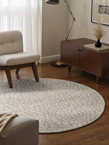 Elle Decoration Lyon - Wollteppich Beans Rund, Natürlich & Handgemacht, Wohnzimmerteppich Wolle im Skandi Loop Design, Melierter Naturteppich mit Perlenstruktur - Natur Creme Grau, Ø 160 cm